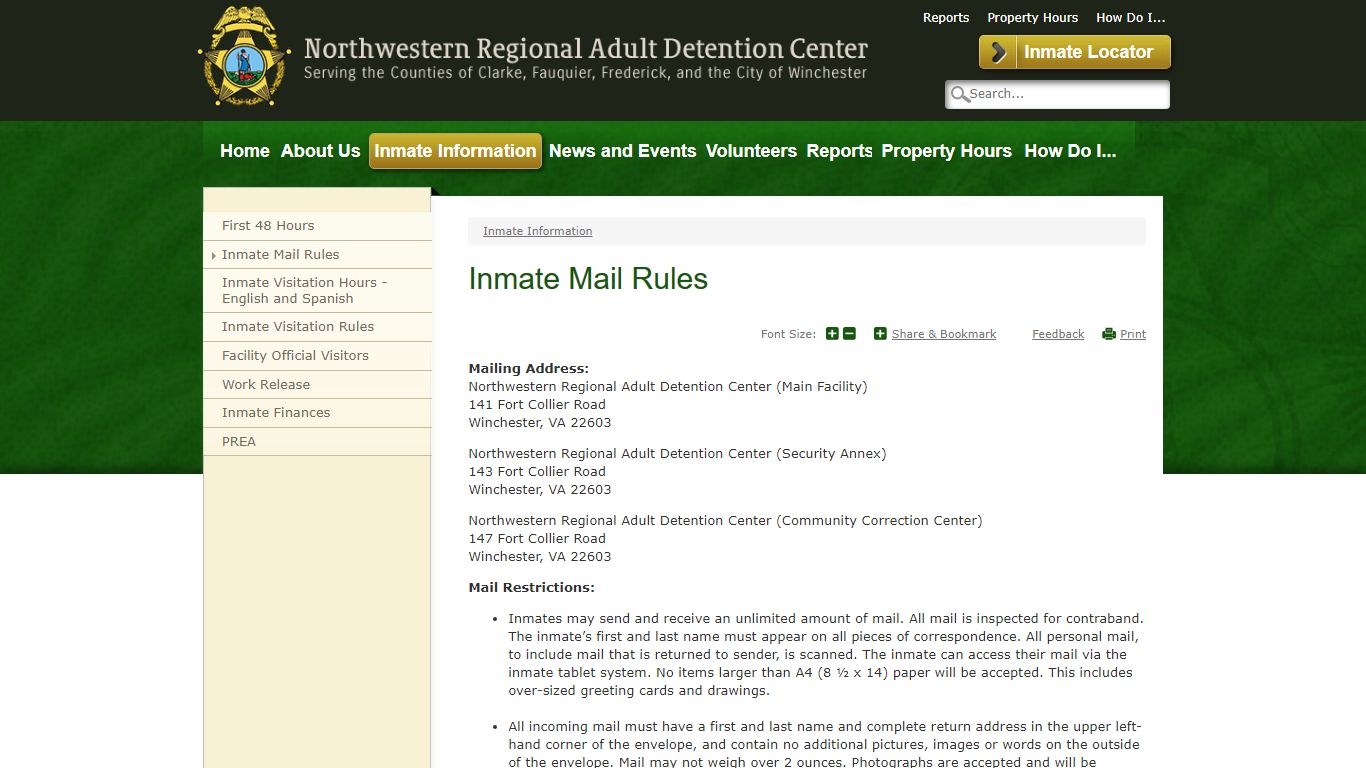 Inmate Mail Rules | Northwestern Regional Adult Detention ...